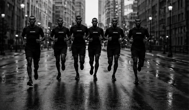 A running crew moving together through a city street